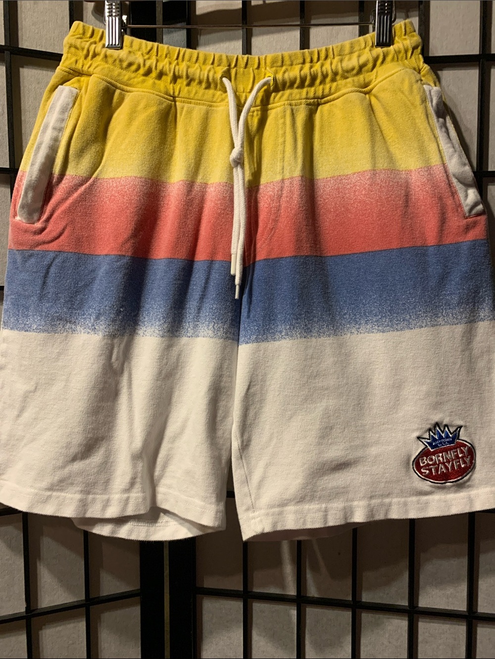 BornFly StayFly Men's Striped shorts -Yellow, Coral & Blue Size Medium